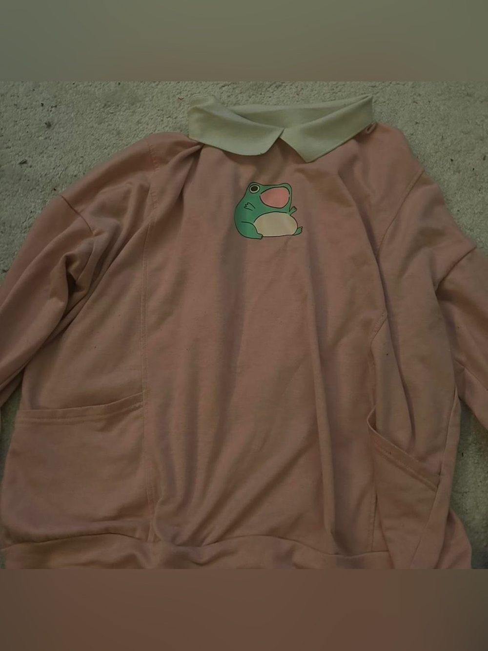 Pink Collared Sweatshirt with Green Frog Graphic